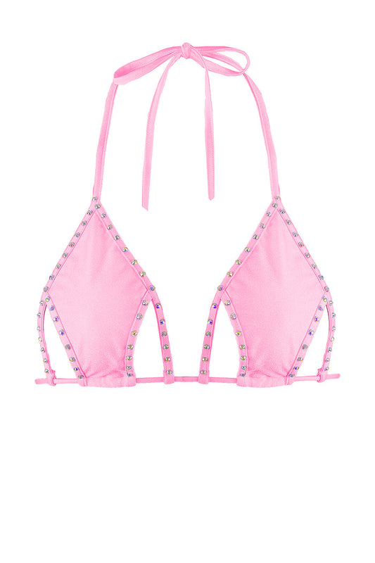 Cut-out Triangle Bikini Top with Rhinestones / Cut-Out Crystals BABY PINK,TOPS - EXES LINGERIE