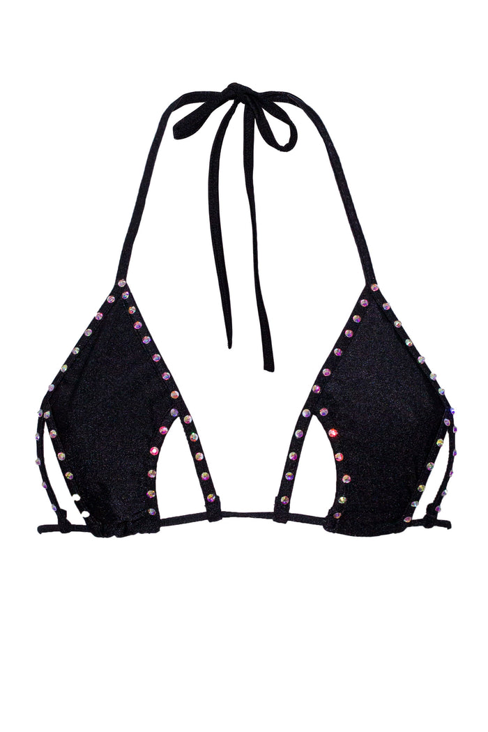 Cut-out Triangle Bikini Top with Rhinestones / Cut-Out Crystals Black,TOPS - EXES LINGERIE