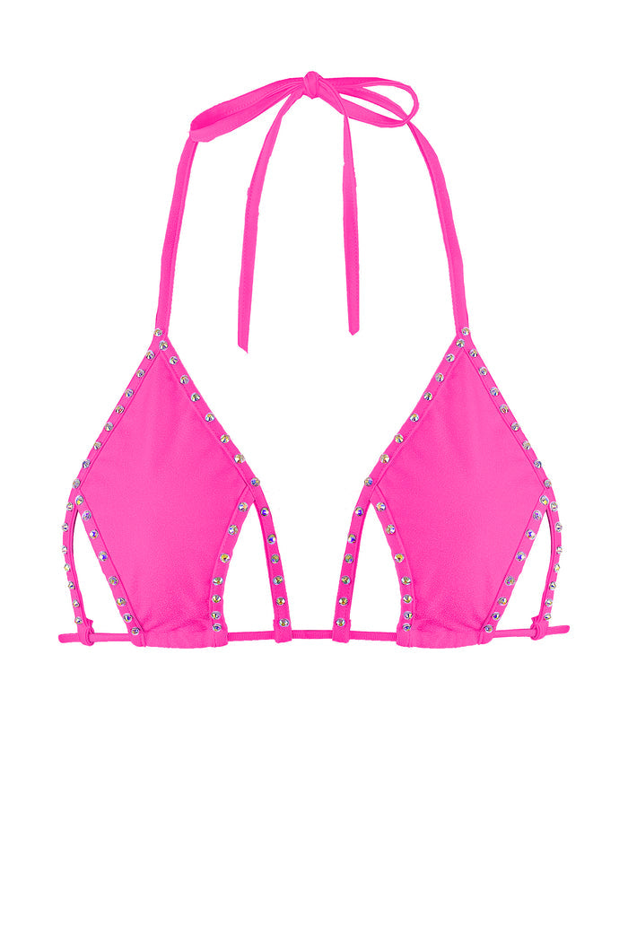 Cut-out Triangle Bikini Top with Rhinestones / Cut-Out Crystals NEON PINK,TOPS - EXES LINGERIE