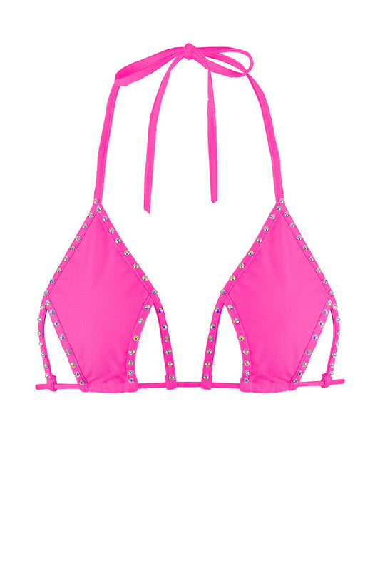 Cut-out Triangle Bikini Top with Rhinestones / Cut-Out Crystals NEON PINK,TOPS - EXES LINGERIE