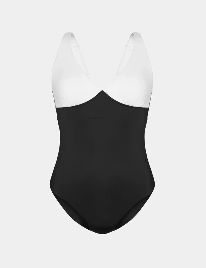 | Deep V One Piece Swimsuit shown front-facing against a light gray background | Black/White