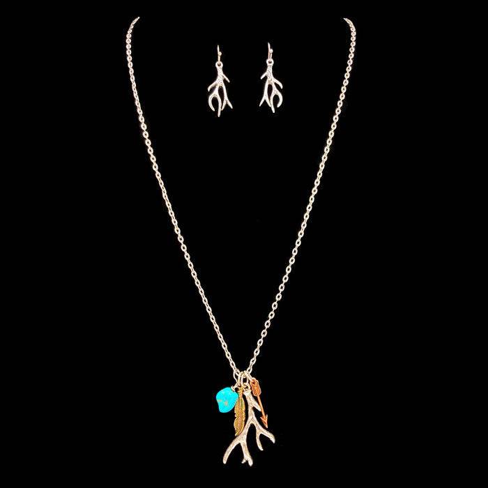 Deer Antler Feather Arrow Turquoise Chain Necklace 13 inches long