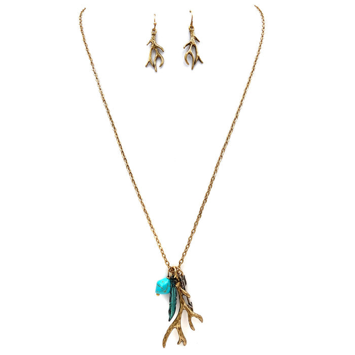 Deer Antler Feather Arrow Turquoise Chain Necklace