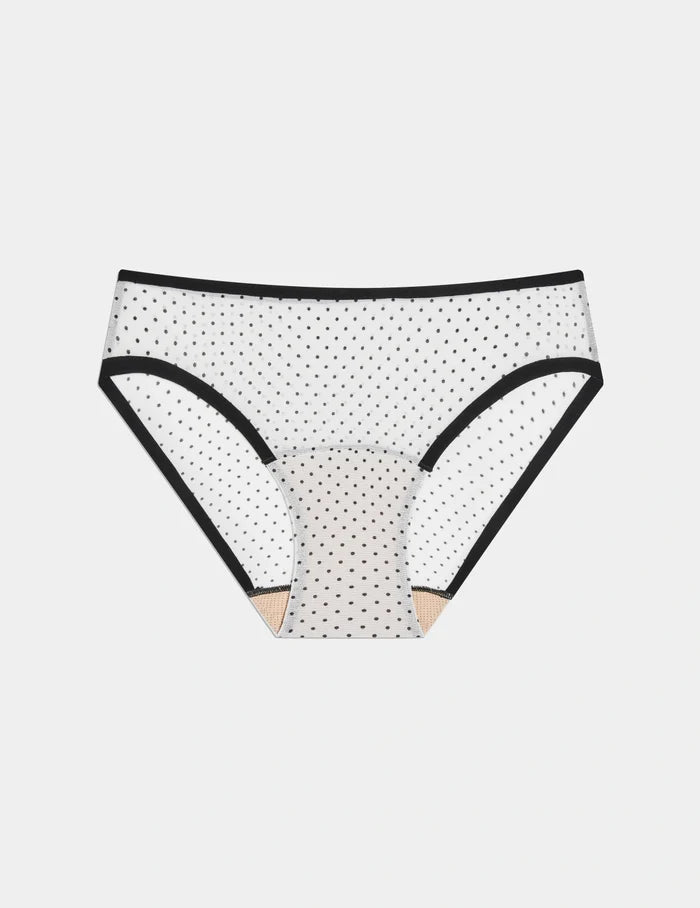 | Essential Full Mesh Bikini shown front-facing against a light gray background | White with Black Polka Dot