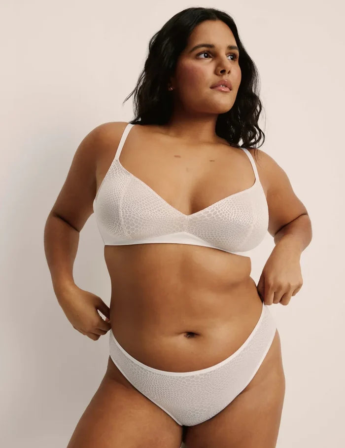 | Front view of model highlighting the coverage and fit | White