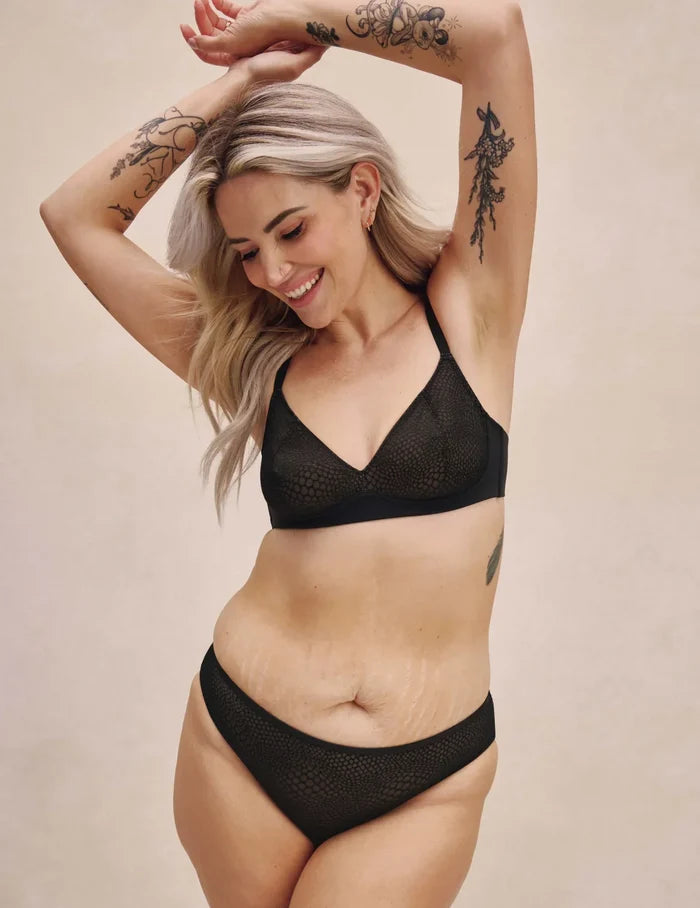 | Front view of model highlighting the coverage and fit | Black