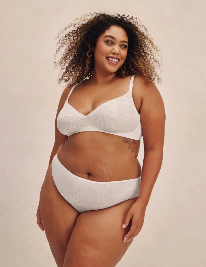 | Front view of model highlighting the coverage and fit | White