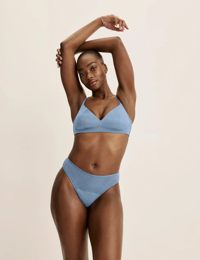 | Front view of model highlighting the coverage and fit | Chambray