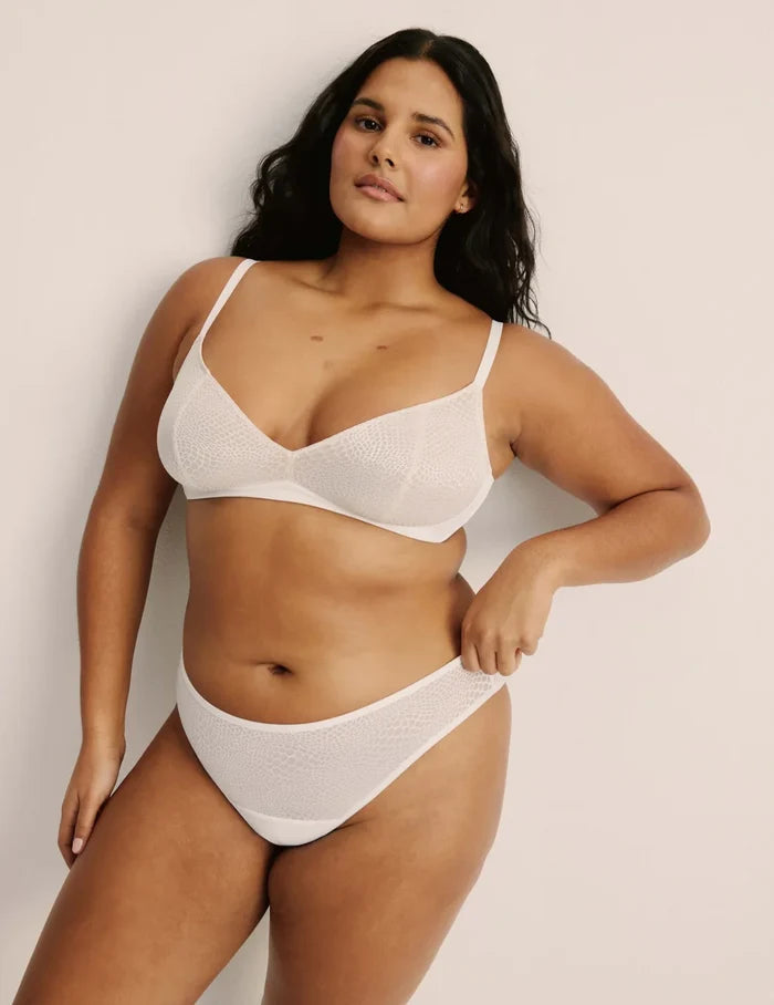 | Front view of model highlighting the coverage and fit | White
