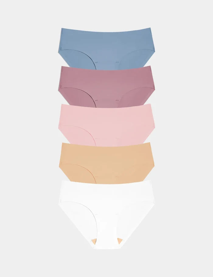 | Front view of model wearing the Essential No-Show Bikini 5-Pack, highlighting the coverage and smooth fit | Chambray Multi