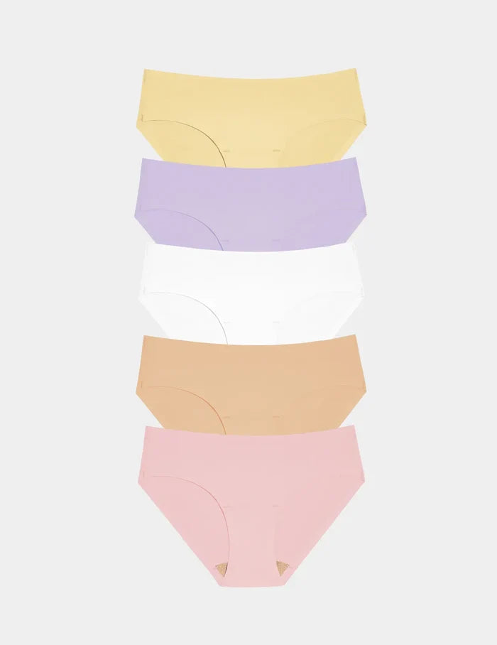 | Front view of model wearing the Essential No-Show Bikini 5-Pack, highlighting the coverage and smooth fit | Pastels