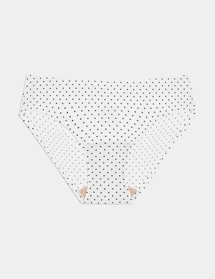 | Essential No-Show Bikini  shown front-facing against a light gray background | White with Black Polka Dot