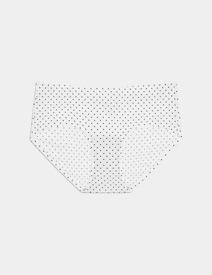 | Essential No-Show Bikini  shown front-facing against a light gray background | White with Black Polka Dot