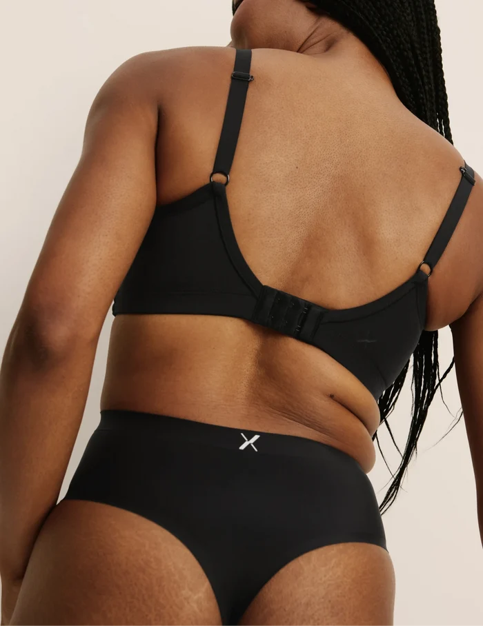 Gin has 38” hips, and wearing KNIX S | Back view of model wearing the Essential No-Show High Rise Thong highlighting the coverage and smooth fit | BlueBlack