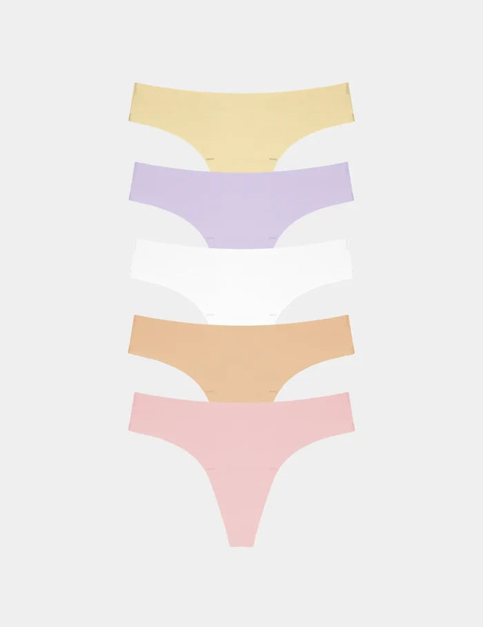 | Essential No-Show Thong 5-Pack shown front-facing against a light gray background | Pastels