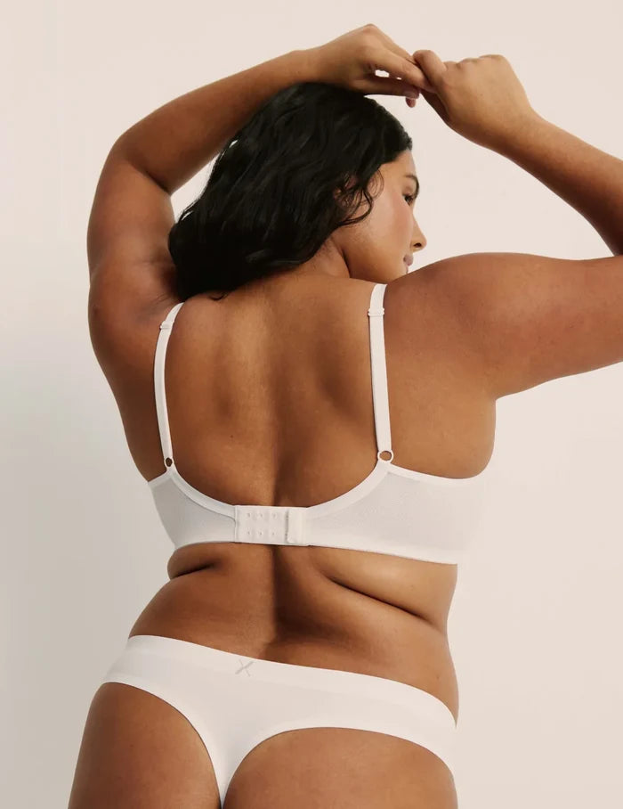| Front view of model wearing the Essential No-Show Thong 5-Pack highlighting the coverage and smooth fit | Pastels