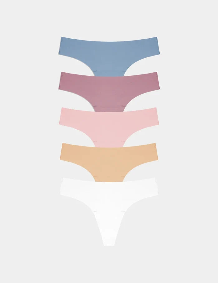 | Essential No-Show Thong 5-Pack shown front-facing against a light gray background | Chambray Multi
