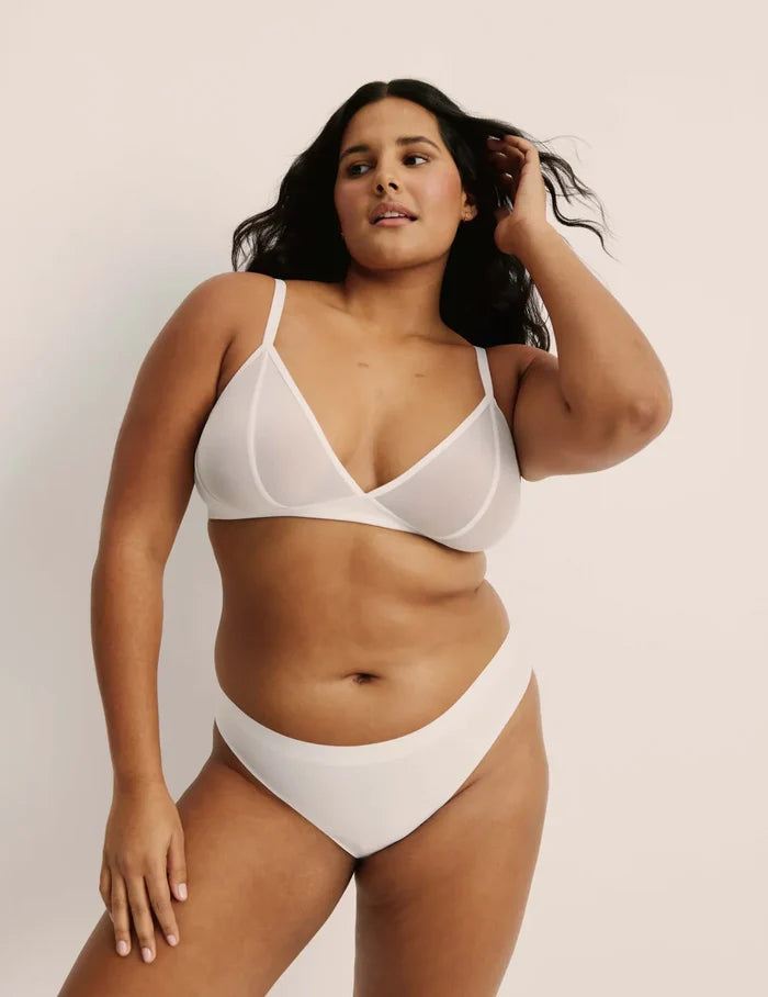 | Front view of model wearing the Essential No-Show Thong 5-Pack highlighting the coverage and smooth fit | Pastels