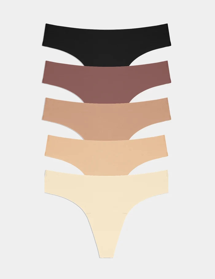 | Essential No-Show Thong 5-Pack shown front-facing against a light gray background | Nude Multi