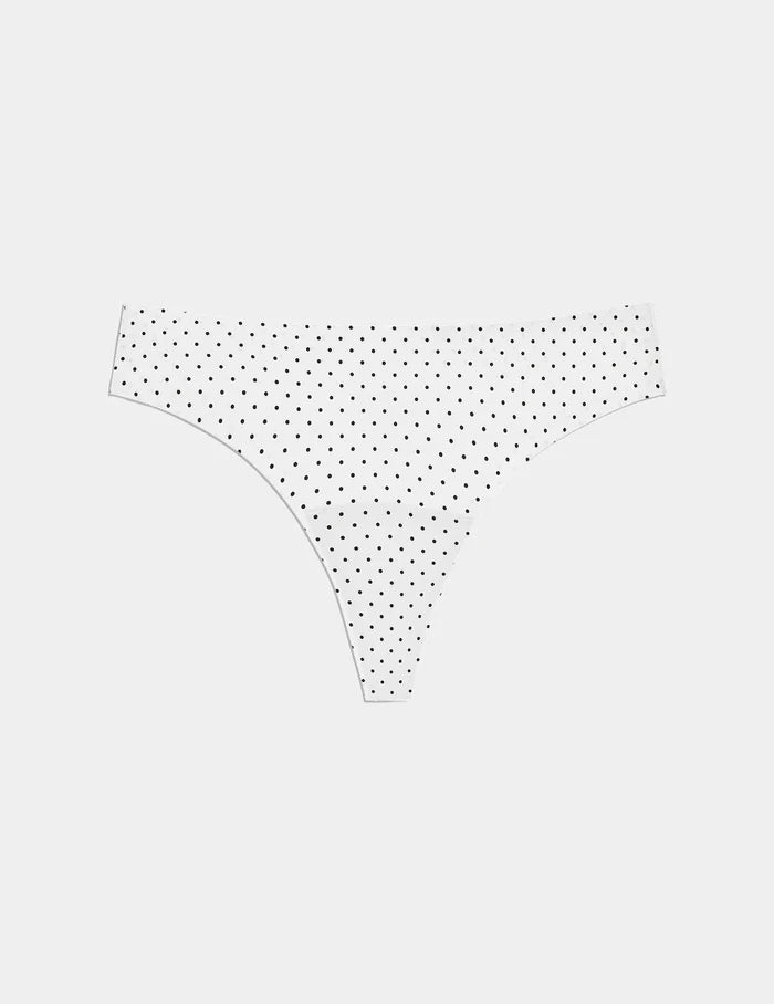 | Essential No-Show Thong shown front-facing against a light gray background | White with Black Polka Dot