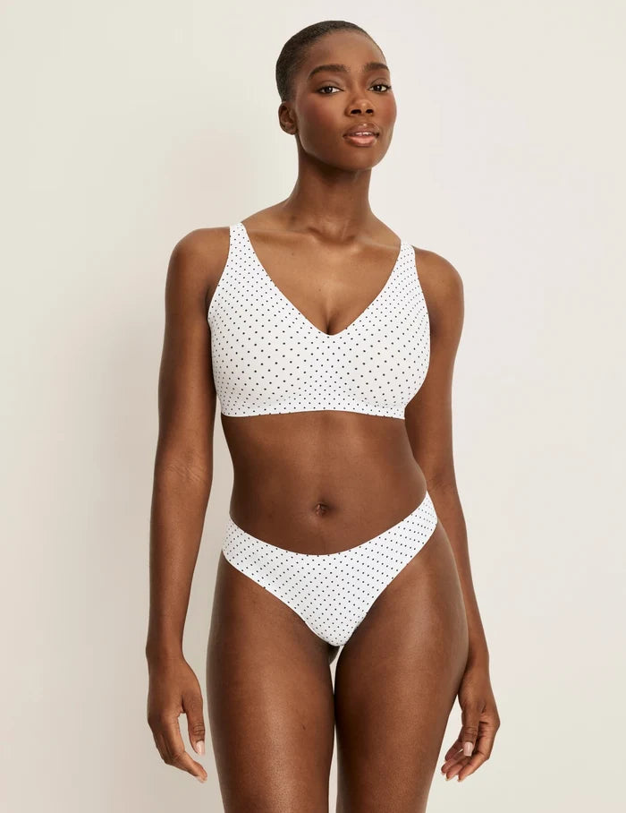 | Front view of model wearing the Essential No-Show Thong highlighting the coverage and smooth fit | White with Black Polka Dot