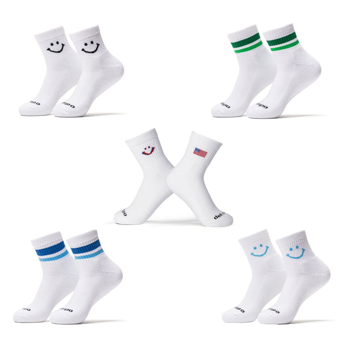 Del Campo Essentials Pack golf socks featuring five essentials: Smiley, Greens, Blues, 1776, and Blue Smiley