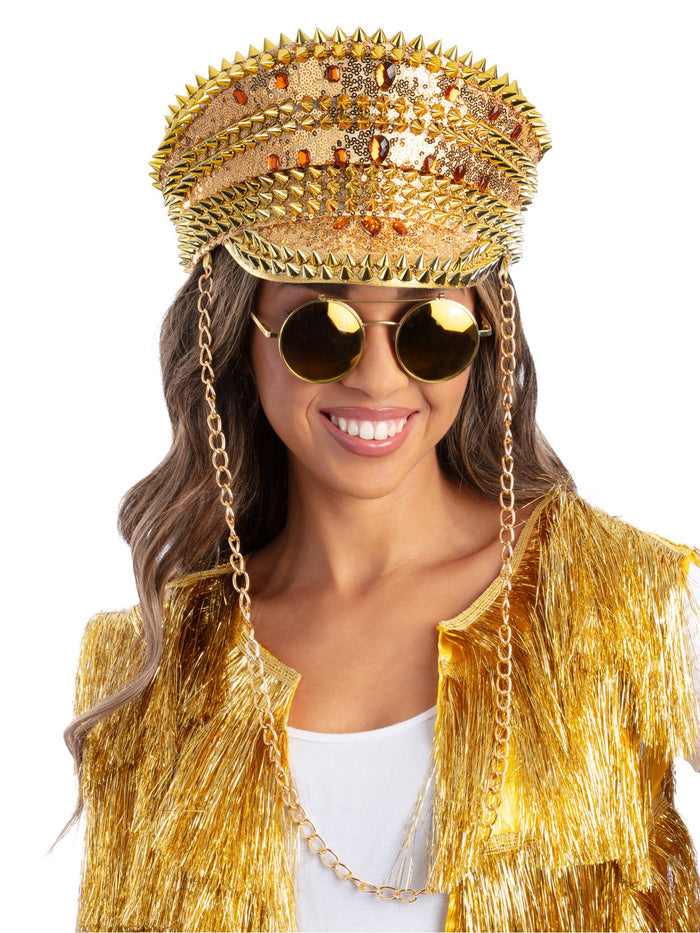 Fever Deluxe Sequin Studded Captains Hat, Gold