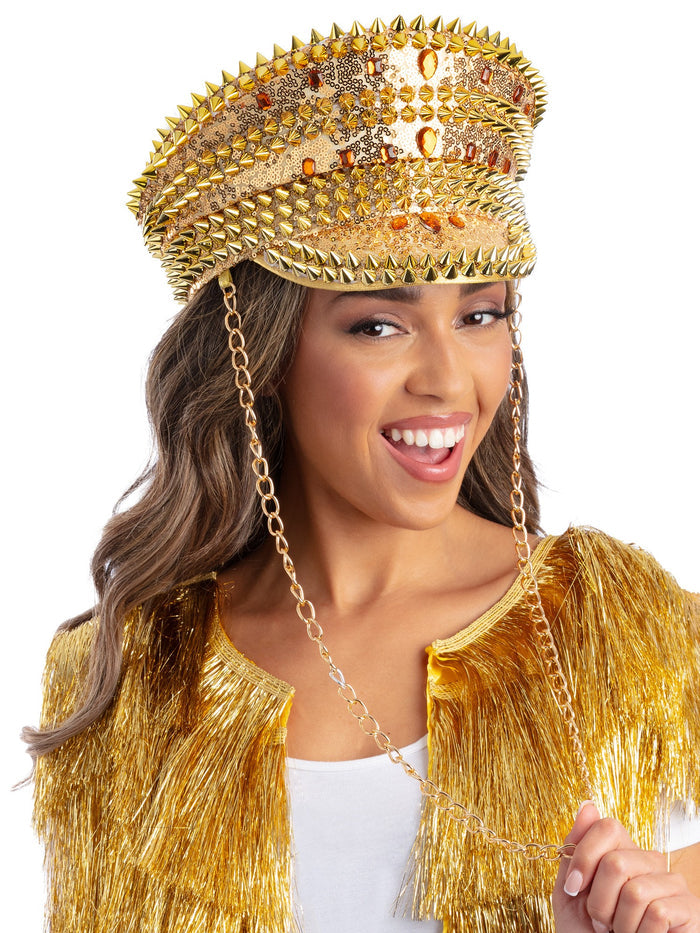 Fever Deluxe Sequin Studded Captains Hat, Gold