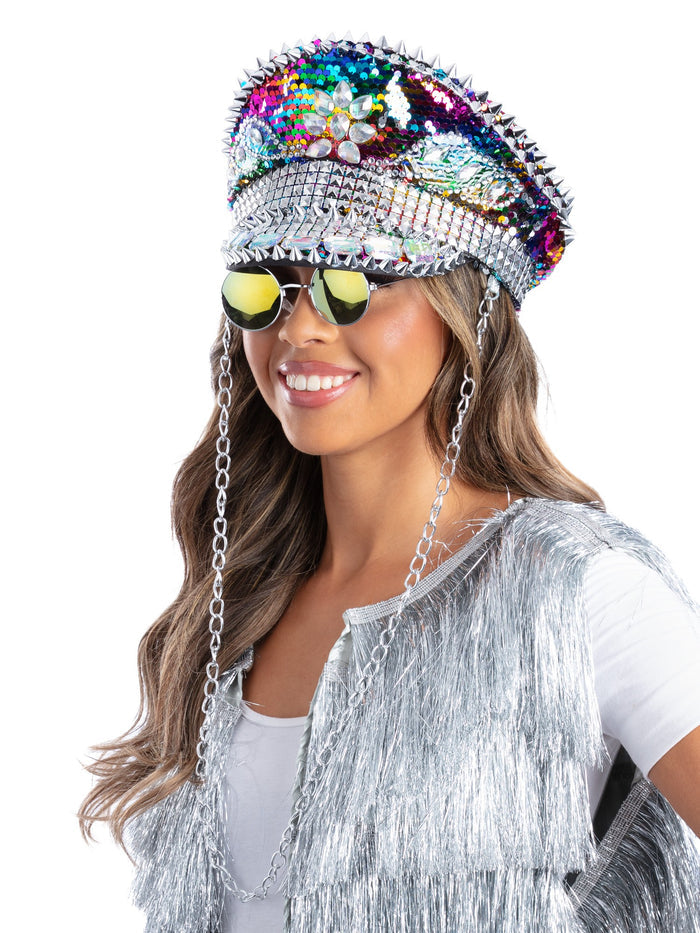 Fever Deluxe Sequin Studded Captains Hat, Rainbow