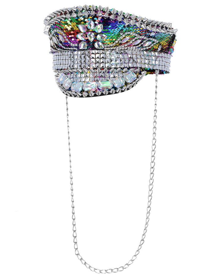 Fever Deluxe Sequin Studded Captains Hat, Rainbow