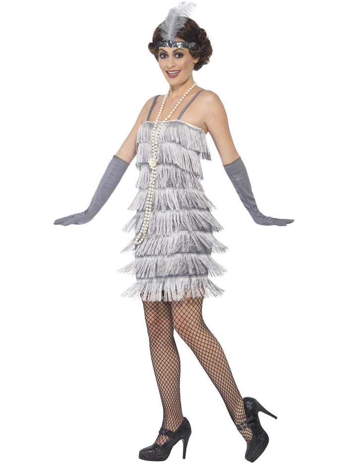 Flapper Costume, Silver, with Short Dress