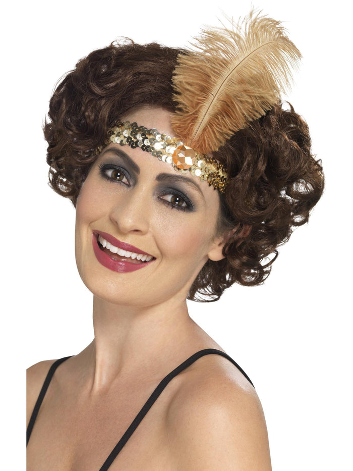 Flapper Headband, Gold, with Feather