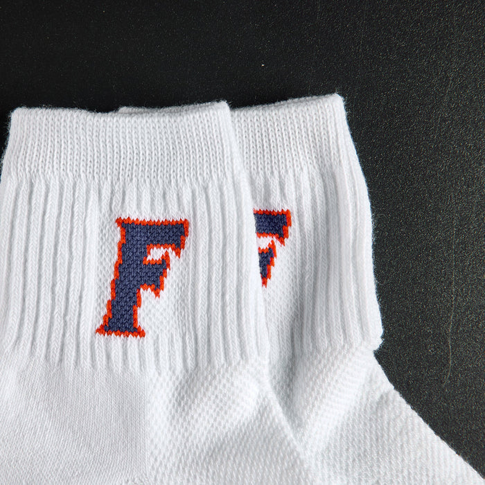 Del Campo Florida Gators Block F golf socks, embroidered navy block F with orange outline detail
