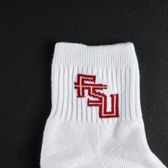 Close-up of the garnet and gold FSU interlock on Del Campo Florida State Script golf socks