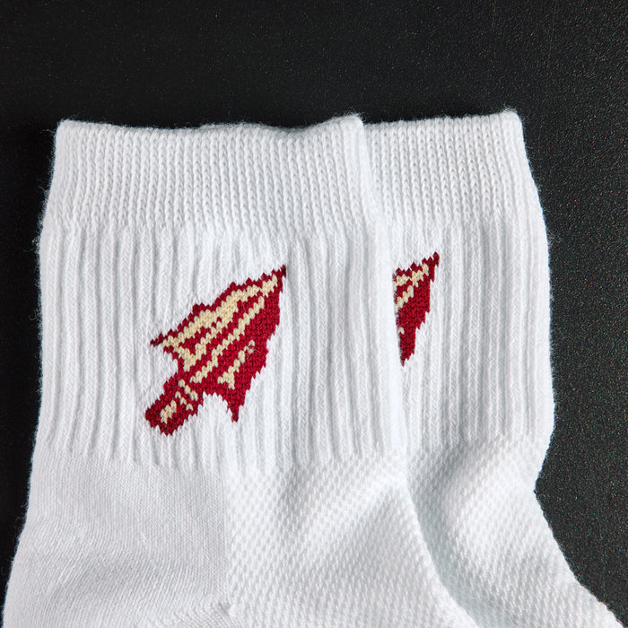 Close-up of the spear-arrowhead on Del Campo Florida State Spear golf socks