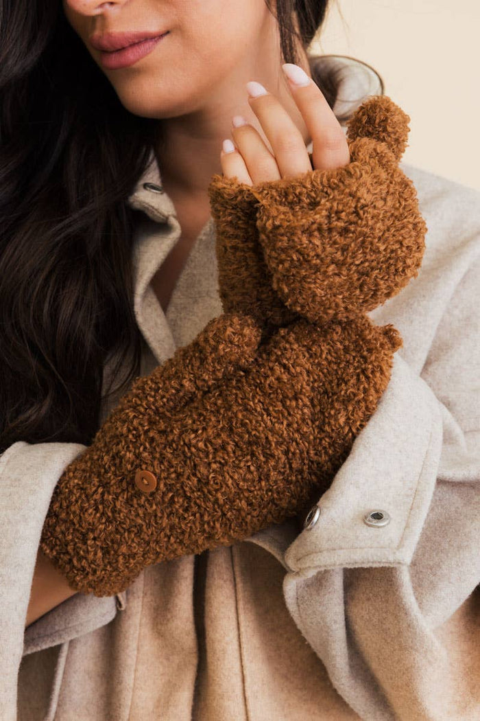 Dark caramel color fingertip fold over mittens in very soft comfortable knitting