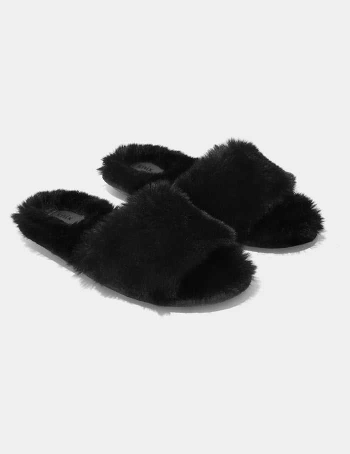 | Pair of Fuzzy Slippers shown front-facing against a light gray background | Black