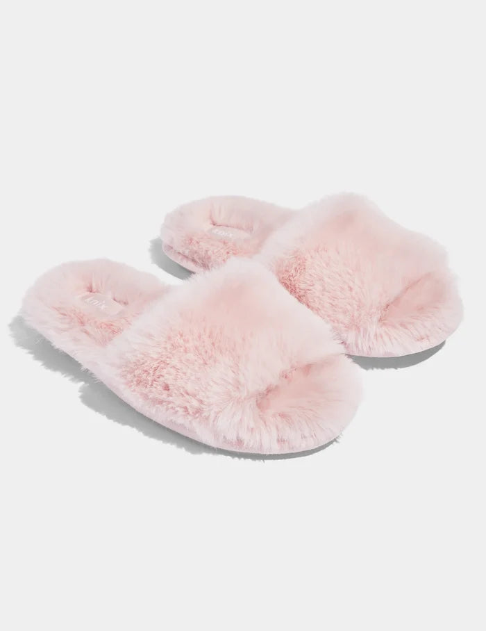 | Pair of Fuzzy Slippers shown front-facing against a light gray background | Soft Pink