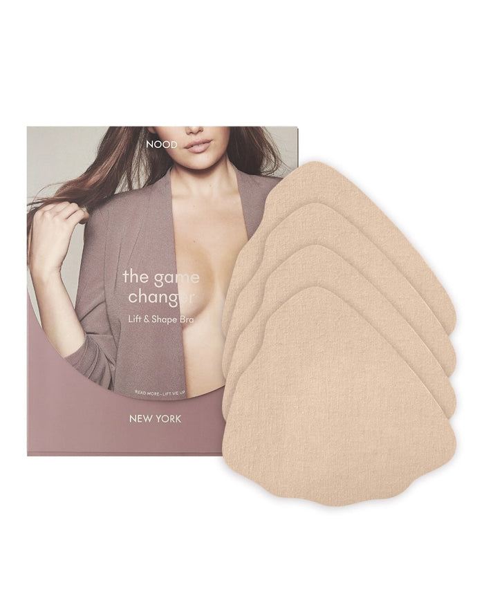 | Game Changer Lift and Shape Adhesive Bra packaging shown front-facing against a light gray background | No. 3 Buff