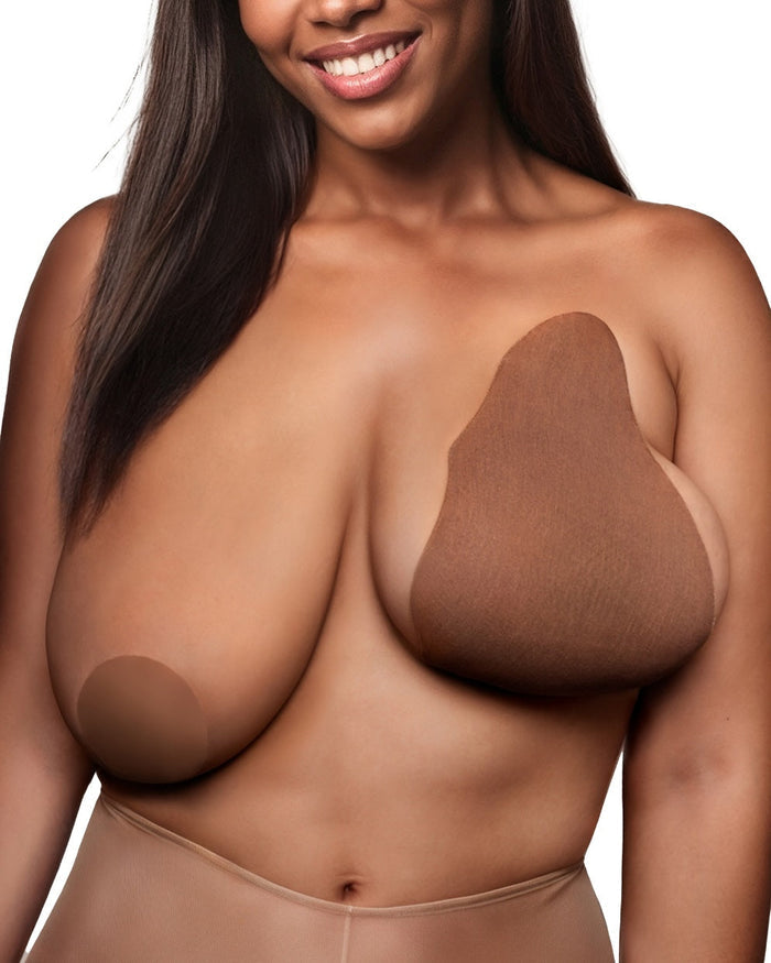 | Front view of model wearing the Game Changer Lift and Shape Adhesive Bra, highlighting the coverage and lift| No. 7 Bronze