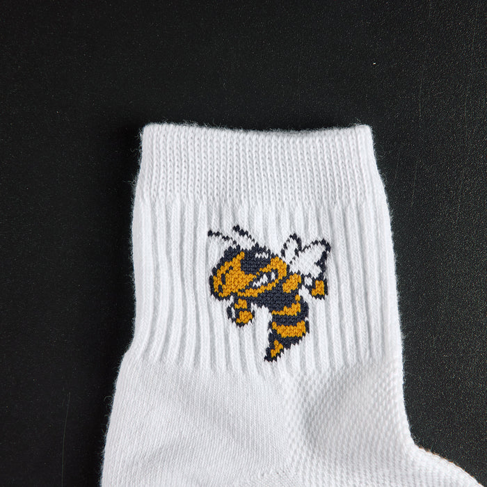Close-up of Buzz the yellowjacket mascot on Del Campo Georgia Tech Buzz golf socks