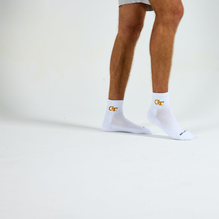 Del Campo Georgia Tech GT golf socks on a male model in studio