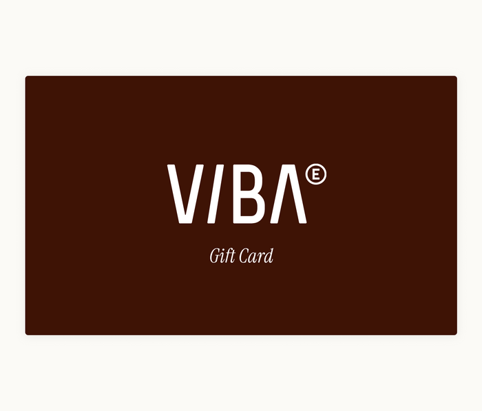 Dark brown rectangular gift card with white VIBA logo and "Gift Card" text centered.