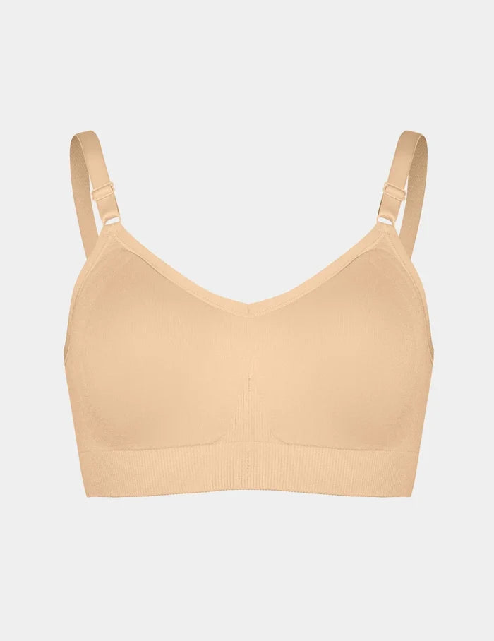 | View of Good to Go Seamless Bra shown front-facing against a light gray background | Warm Sand