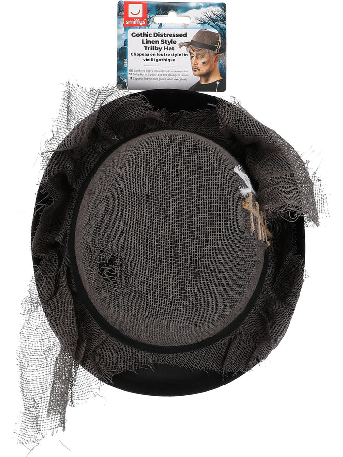 Gothic Distressed Linen Style Trilby Hat, Grey