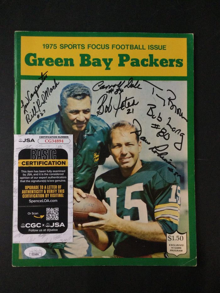 Green Bay Packers 1975 Program with multiple autographs JSA, Bart Starr & Vince Lombardi Cover
