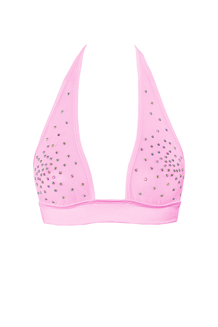 Halter Sheer mesh Crop Top / Crystals Bralette / TOP ALEX BABY PINK,TOPS - EXES LINGERIE