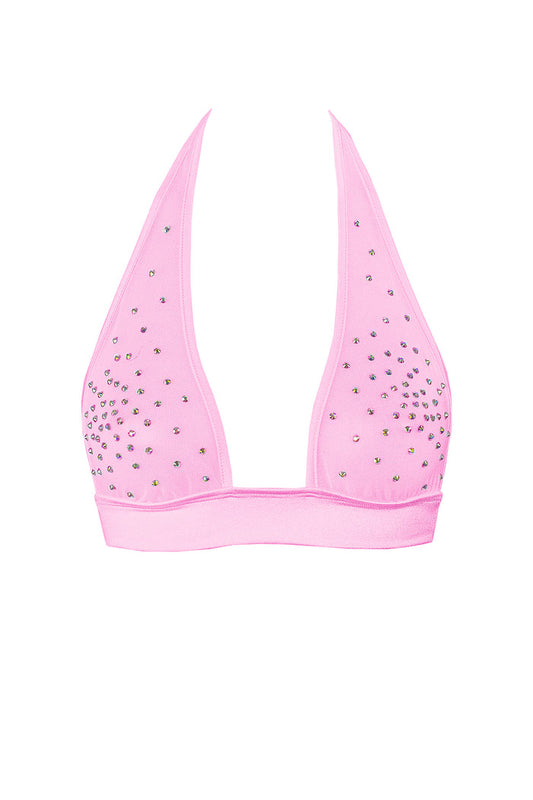 Halter Sheer mesh Crop Top / Crystals Bralette / TOP ALEX BABY PINK,TOPS - EXES LINGERIE