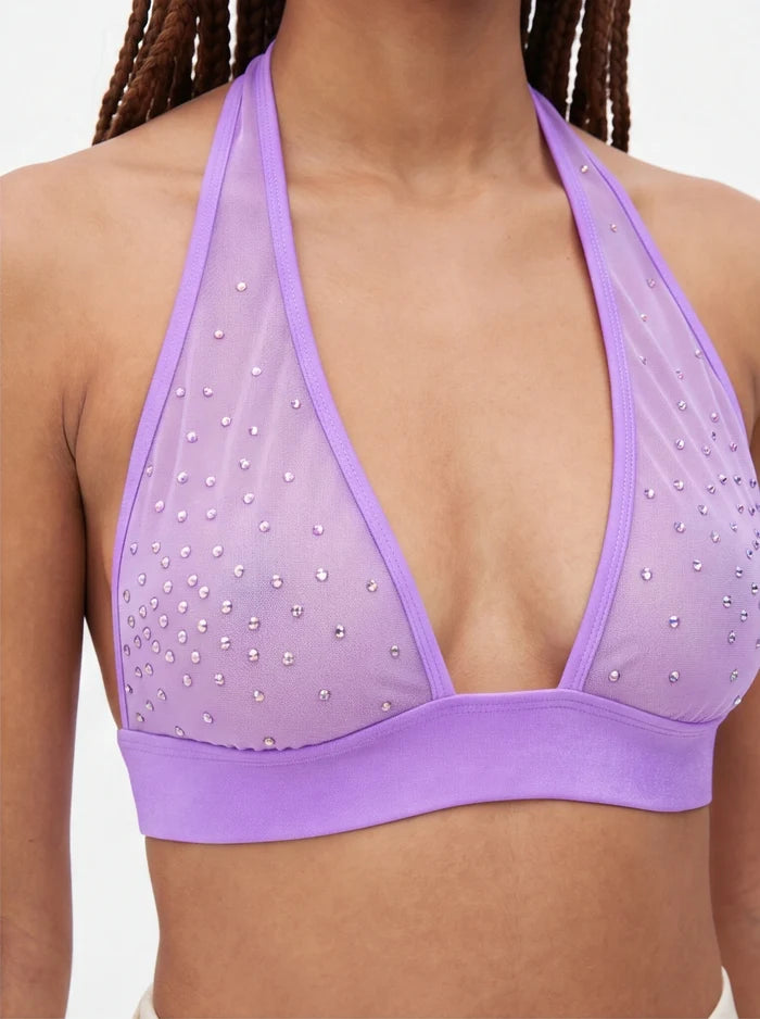 Halter Sheer mesh Crop Top / Crystals Bralette / TOP ALEX LILAC,TOPS - EXES LINGERIE