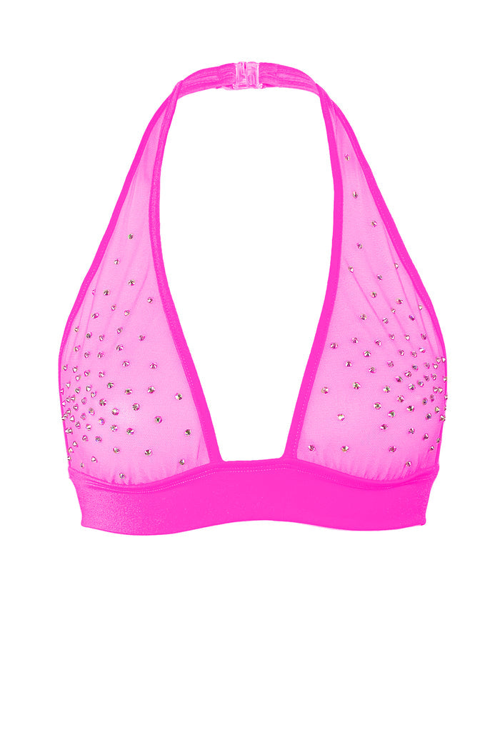 Halter Sheer mesh Crop Top / Crystals Bralette / TOP ALEX NEON PINK,TOPS - EXES LINGERIE